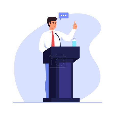 Illustration for Vector illustration of a male speaker behind a podium. Cartoon scene of a man wearing a white shirt and red tie standing behind a podium with a microphone and a bottle of water and giving a speech - Royalty Free Image