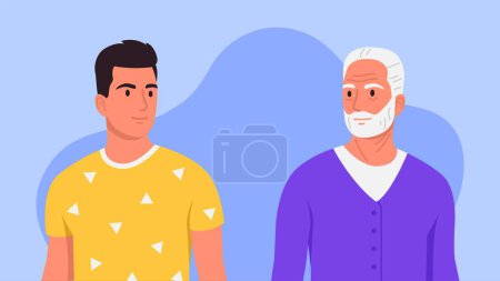 Vektorillustration zweier Generationen von Männern. Zeichentrickszene mit einem jungen Mann und einem alten grauhaarigen Großvater mit Bart auf blauem Hintergrund. Generationen von Menschen.