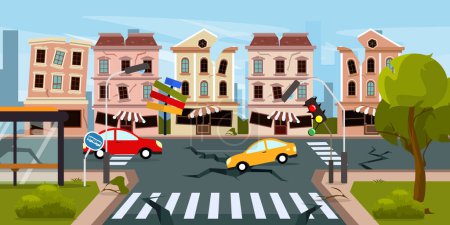 Vector illustration of natural disaster, earthquake. Cartoon cityscape scene with cataclysm, earthquake, destroyed houses, landslide, cracks in asphalt road, cars, stop, bent road signs, trees.