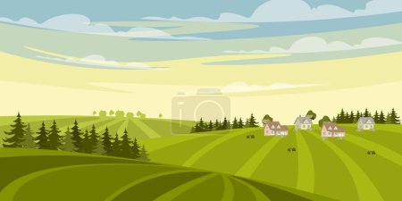 Vector illustration of beautiful sunny farm fields. Cartoon scene of rural daytime summer landscape with hills, gentle slopes, small houses, Christmas trees,green trees, bushes, sky with clouds.