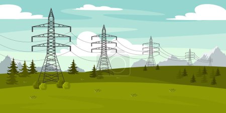 Vektorillustration von Stromübertragungsleitungen. Cartoon-Waldlandschaft mit Hochspannungsleitungen, Feldern, Bäumen auf Berghintergrund.