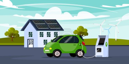 Illustration for Vector illustration of beautiful electric charging stations. Cartoon landscape with charging electric car, solar powered house, wind turbines in the background. - Royalty Free Image