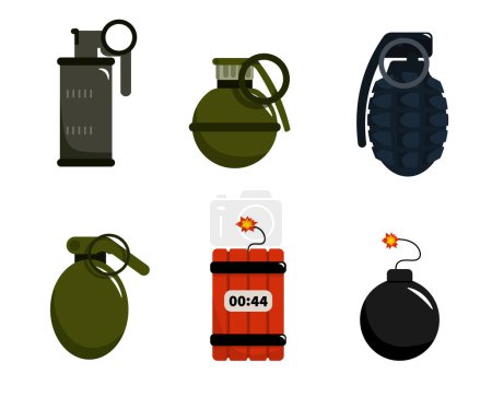 Ilustración de Conjunto de peligrosas granadas en estilo de dibujos animados. Ilustración vectorial de explosivos militares como granadas ofensivas, defensivas y de humo, dinamita y bombas sobre fondo blanco. - Imagen libre de derechos