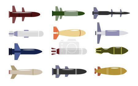 Conjunto de misiles peligrosos en estilo de dibujos animados. Ilustración vectorial de armas estratégicas militares como aire-aire, defensa aérea, bombas, misiles balísticos y de crucero sobre fondo blanco.