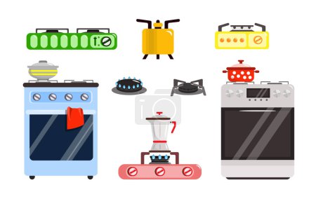 Set of modern gas stoves in cartoon style. Vector illustration of domestic and portable stoves with extinguished and kindled fire on white background.