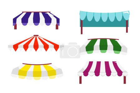 Set of beautiful awnings in cartoon style. Vector illustration of canopies with striped patterns for outdoor gazebos, retail shops, cafes on white background.