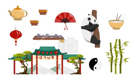 Ilustración de Conjunto de equipos para Asia en estilo de dibujos animados. Ilustración vectorial de abanicos de mano, panda, bambú, arco chino, sushi, arroz al vapor, lámpara asiática, tetera con té, yin y yang sobre fondo blanco. - Imagen libre de derechos
