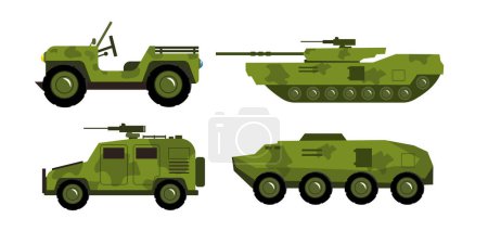 Conjunto de equipamiento militar moderno en estilo de dibujos animados. Ilustración vectorial de jeeps militares futuristas, tanques, portaaviones blindados sobre fondo blanco.