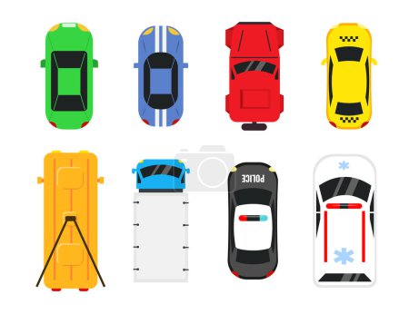 Set of beautiful cars with top views in cartoon style. Vector illustration of ambulances, police, taxis, trolleybuses, trucks, racing and conventional on white background.