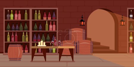 Illustration for Vector illustration of a modern interior wine cellar. Cartoon interior with table, glasses with wine, candles, barrels, shelves with different bottles of wine. - Royalty Free Image