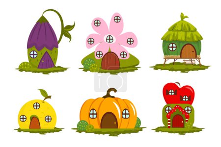 Ensemble de belles maisons de fées en style dessin animé. Illustration vectorielle de maisons de gnomes, fées, elfes et autres créatures fabuleuses sur fond blanc.