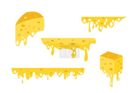 Set aus gelbem Käse im Cartoon-Stil. Vektorillustration von Schmelzkäse mit Löchern. Stücke holländischen Schmelzkäses isoliert auf weißem Hintergrund.