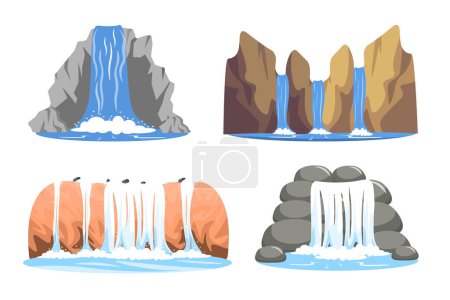 Set of various waterfalls in a cartoon style. Vector illustration of waterfalls flowing from mountain rocks. Falling water stream from river isolated on white background.