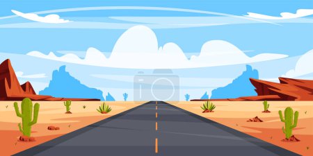 Ilustración vectorial de un paisaje de verano con un camino de asfalto en el desierto. Paisaje de dibujos animados con una carretera de asfalto en medio del desierto con montañas, colinas.