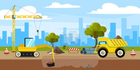 Vector illustration of a summer landscape with a construction site, laying pipes. Cartoon silhouettes of city buildings, trees, construction site with lifting crane, laying pipes in the ground, truck.
