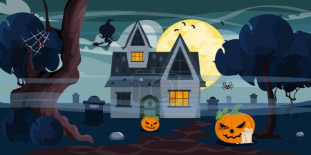 Vector illustration of a night landscape for Halloween. Cartoon mystical night landscape with house, cemetery, pumpkins, candles, trees with webs and spiders and full moon with bats.