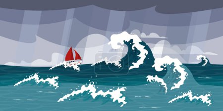 Vector illustration of a beautiful sea storm landscape. A cartoon seascape with a gray sky, rain, big waves and a ship with red sails. A ship on the crest of a sea wave.