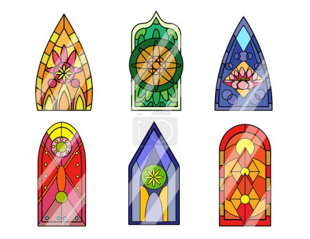 Illustration for Set of colored beautiful stained glass windows in cartoon style. Vector illustration of gothic stained glass windows with different designs. Decorative transparent glass church stained-glass windows. - Royalty Free Image