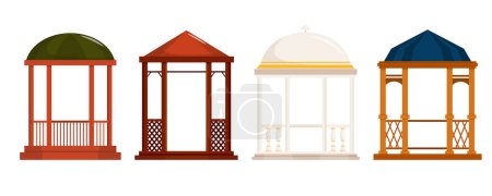 Illustration for Set of summer open wood arbors isolated on a white background. Vector illustrations of different types and shapes of elegant pavilions for summer holidays. - Royalty Free Image