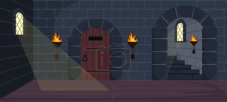 Vector illustration, dark dungeon of a medieval castle with stone walls, long stairs, wooden doors and floor, with bars on the windows in cartoon style.