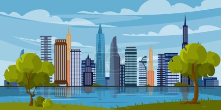 Illustration for Vector illustration view of high-rise buildings from the river bank in New York. Houses built by the lake. Rest on the shore with grass and trees with clear weather. - Royalty Free Image