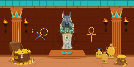 Ilustración vectorial de la tumba del faraón en estilo de dibujos animados. Una antigua habitación con oro en cofres, bolsas y macetas iluminadas con antorchas. Símbolos y cultura egipcia antigua.