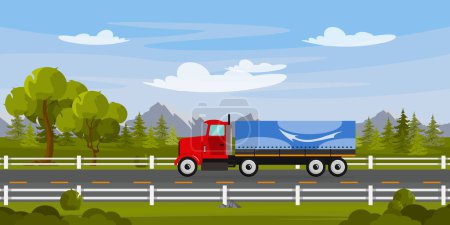 Vector illustration a truck rides along the highway. Surrounded by trees, roadside bumpers, under clear skies, and mountains looming in the distance.