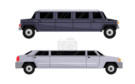 Vector illustrations of luxury cars for special occasions. White and black limousine in cartoon style isolated on white background. Side view. Modern vehicles for special events.