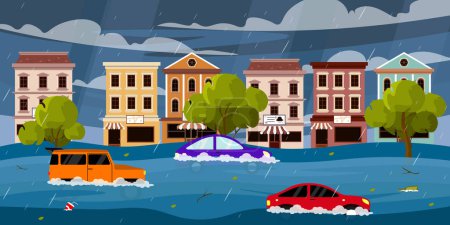 Natural disasters, floods. Vector illustration of city streets flooded with water in cartoon style. Damaged buildings and vehicles. Heavy torrential rains, hurricanes, broken trees.