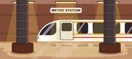 Vektorillustration eines Bahnhofs im Cartoon-Stil. Zug am U-Bahnhof, leerer Bahnsteig, unterirdischer Innenraum einer modernen U-Bahn. Logistik. Bequemer, schneller öffentlicher Nahverkehr.