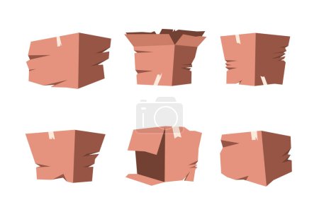 Ensemble d'illustrations vectorielles de boîtes en papier déchirées en style dessin animé, isolées sur un fond blanc. Des boîtes inutilisables. Livraison infructueuse dans des conteneurs. Des choses endommagées. Emballage papier.