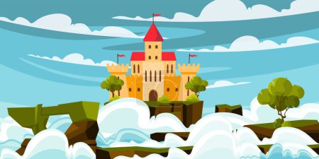 Vector illustration of a beautiful landscape with a castle. Cartoon landscape scene with a fairy castle with towers, windows, red roofs, flags, green trees, rocks, clouds of fog, sky and white clouds.
