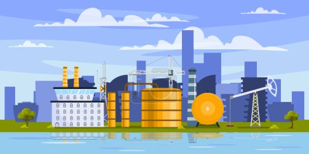 Illustration for Vector illustration of the modern oil refining industry. Cartoon scenes of oil refineries with crane lifting, pipes,silhouettes of city buildings ,trees,bushes,river with reflection of factories,sky. - Royalty Free Image