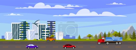 Vektor-Illustration eines schönen Stadtbildes mit Autobahn. Cartoon-Szene mit Autobahn, bunten Autos: LKW, Jeep, Autos, moderne futuristische Gebäude, Weihnachtsbäume, grüne Bäume, Berge, Büsche.