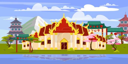Vector illustration of a beautiful landscape with Asian buildings. Cartoon scene of various: Buddhist temple, arch, gate, pagoda, cherry blossoms, trees, mountains, river with reflection of buildings.