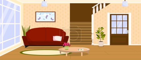Ilustración de Ilustración vectorial de un hermoso salón interior. Escena de dibujos animados de una sala de estar con una ventana, un sofá, una almohada, una imagen, una mesa redonda, jarrones y una escalera al segundo piso. - Imagen libre de derechos