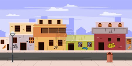 Illustration vectorielle d'un quartier pauvre de la ville. Scène de dessin animé d'un paysage urbain avec des maisons, entières et barricadées, fenêtres cassées, murs, avec des graffitis, une route, un banc, une poubelle, un lampadaire.
