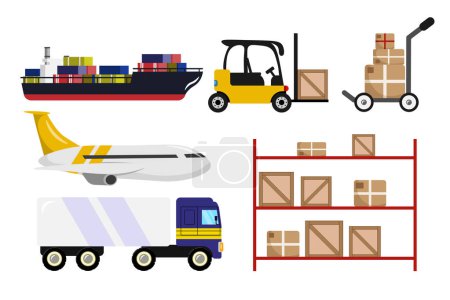 Set of elements of the import of goods in a cartoon style. Vector illustration of a cargo ship, plane, truck, cart with boxes, rack with goods isolated on white background.