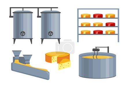Conjunto de elementos de la fábrica de queso en un estilo de dibujos animados. Ilustración vectorial con elementos para cocinar y madurar queso: calderos, un estante con quesos aislados sobre fondo blanco.