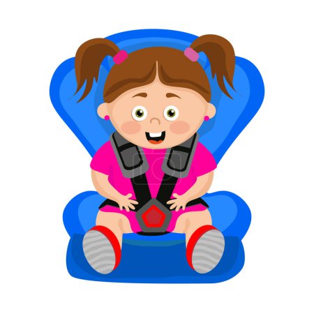 Vector illustration of a beautiful child seat. Safety belt. Cartoon the character of a happy child in a car seat.