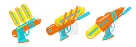 Ensemble de beaux pistolets à eau colorés en style dessin animé. Illustration vectorielle de jouets pour enfants pour des activités de plein air sur fond blanc.