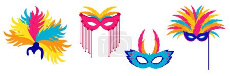 Conjunto de hermosas máscaras de carnaval de colores en estilo de dibujos animados. Ilustración vectorial de máscaras faciales para fiestas y vacaciones sobre fondo blanco.