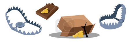 Set of animal traps in cartoon style. Vector illustration of trap, mousetrap with cheese on white background. Hunting