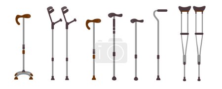 Illustration for Set of wheelchairs in cartoon style. Vector illustration of walker, crutches, quad cane and forearm crutches for the elderly and disabled on white background. - Royalty Free Image