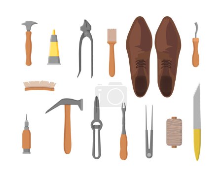 Set de equipamiento zapatero en estilo caricatura. Ilustración vectorial de coronas con zapatos, pinceles, cepillos, martillo, alicates, hilo, cuchillo, pegamento, pinzas sobre fondo blanco.