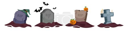 Conjunto de tumbas antiguas en estilo de dibujos animados. Ilustración vectorial de ataúdes aterradores para Halloween con sombrero mágico, murciélagos, calabazas y velas sobre fondo blanco.