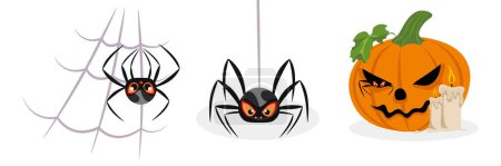 Vektor-Illustration von niedlichen und schönen Halloween-Spinnen auf weißem Hintergrund. Charmante Figuren in verschiedenen Posen standen im Netz, versteckt in Halloween-Kürbissen mit Kerzen im Cartoon-Stil.