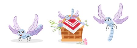 Vektor-Illustration einer niedlichen und schönen Libelle auf weißem Hintergrund. Charmante Figuren in verschiedenen Posen stehen, setzen sich auf eine Katze mit Blumen, fliegen im Cartoon-Stil.