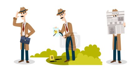 Vector illustration of a cute and beautiful detective on white background. Charming fabulous characters in different poses greets, follows the footsteps from the scene of the murder in cartoon style.