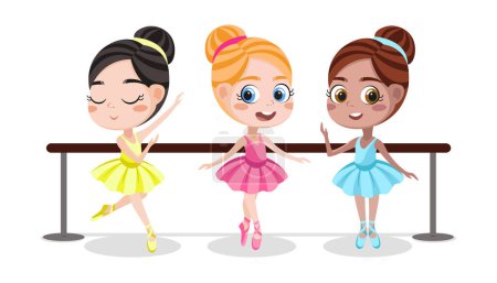 Vector illustration of cute and beautiful ballerinas and gymnasts on white background. Charming fabulous characters in different poses stand near the ballet barre in cartoon style.
